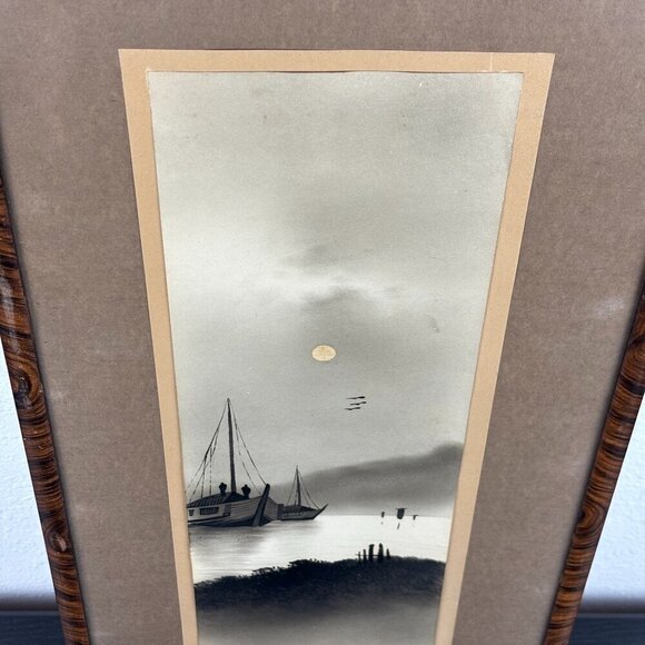 Antique Japanese Landscape Painting Mountain & Boats - Picture 7 of 10